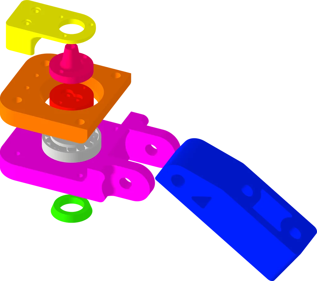 Exploded view of a mechanical assembly with bracket, housing and bearing