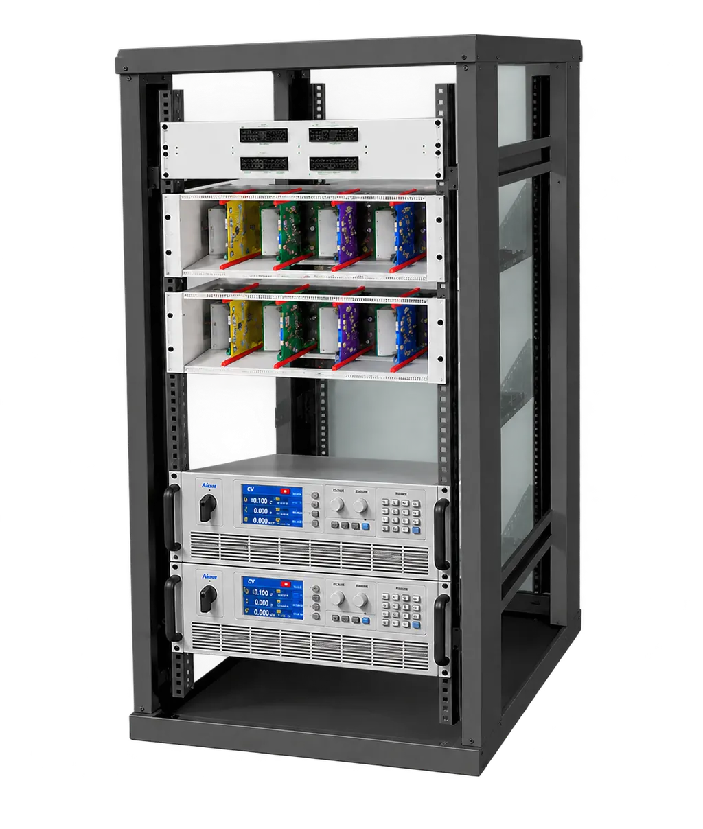 Converter modules plugged into a 19 inch rack above two programmable DC sources